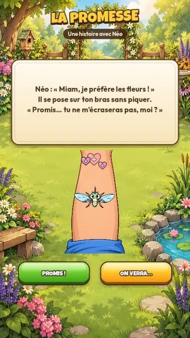 Écran La Promesse : Néo se pose sur le bras du joueur
